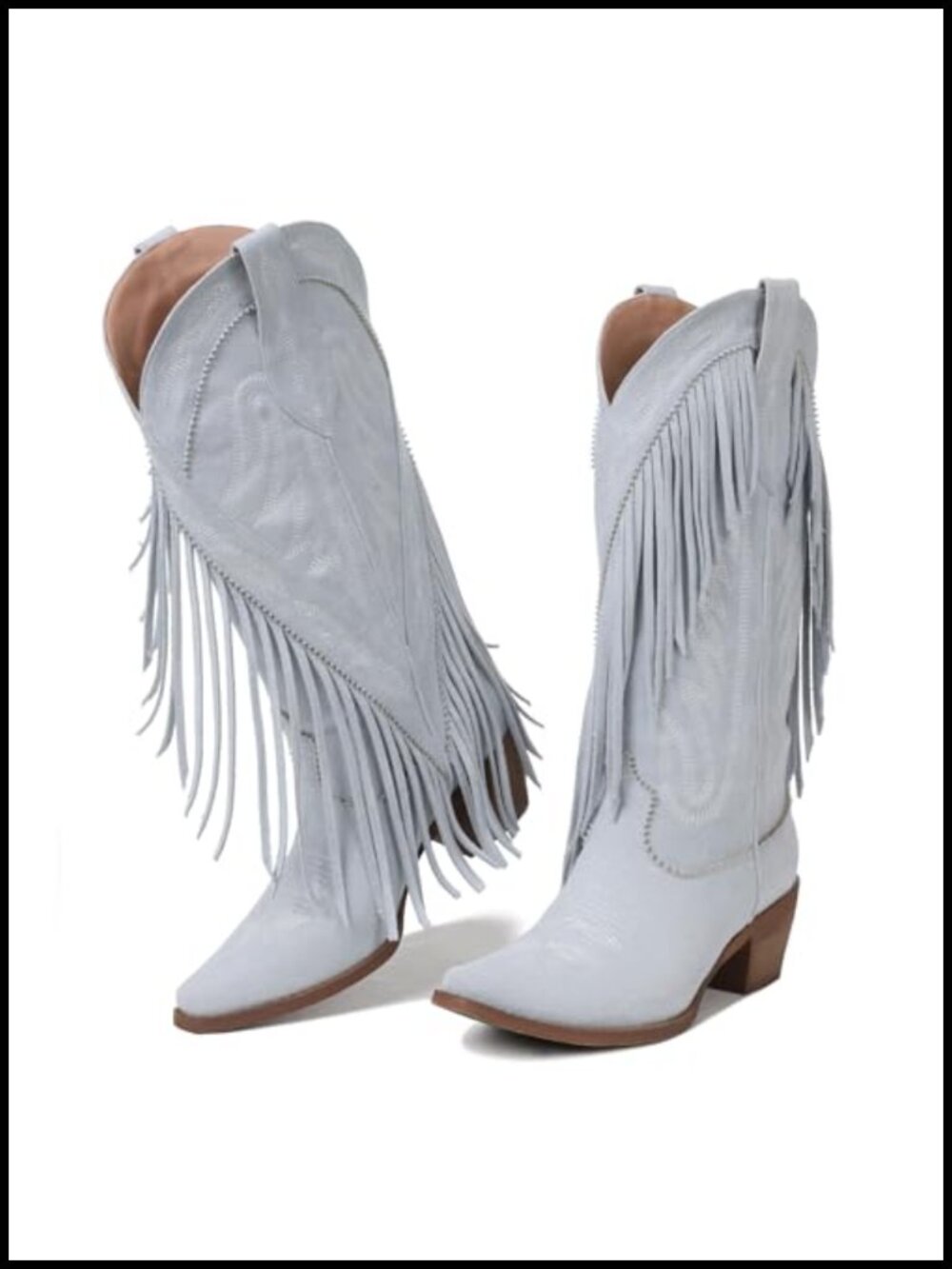 Cowgirl Boots Suede Block Heel Fringe Mid-Calf Pull-On